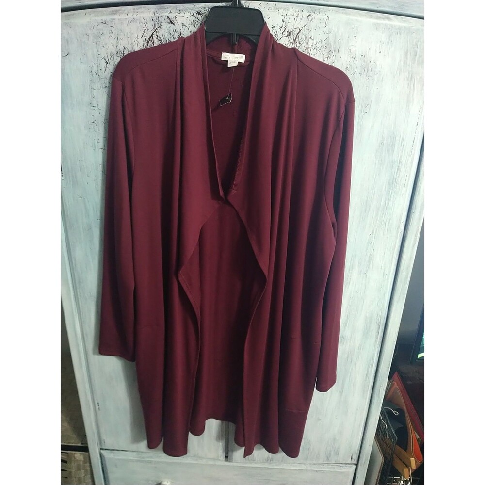 Pure Jill Tencel Open Midi Cardigan Large Burgundy Classic Cozy Comfy Officey